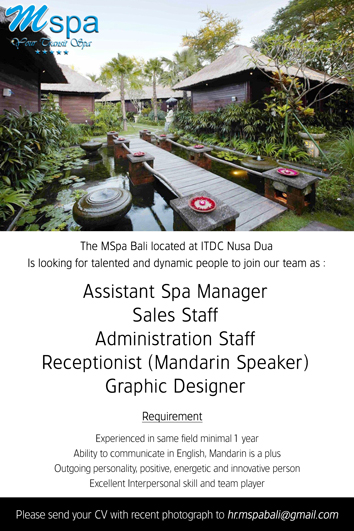 Lowongan Asistant Spa Manager dan Reception Mspa Bali