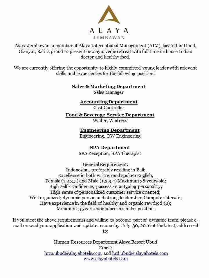 Lowongan Spa Receptionist Alaya Jembawan in Ubud, Gianyar, Bali