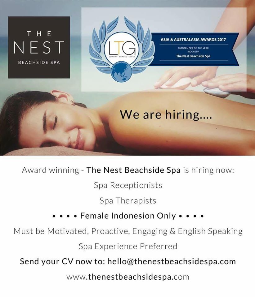 Lowongan Spa Therapist dan Spa Receptionist The Nest Beachside Spa