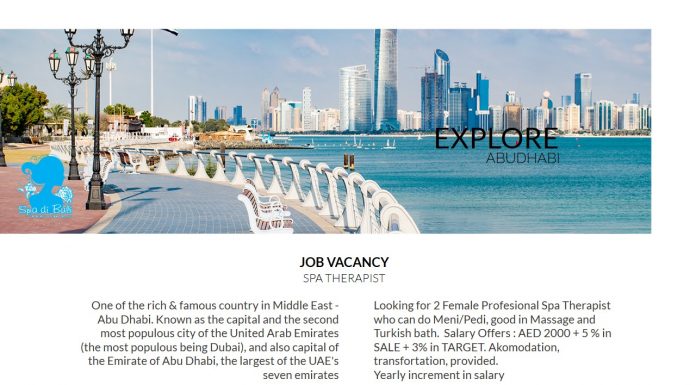 Lowongan / Job Vacancy Spa Therapist Wanita Negara Middle East - Abu Dhabi