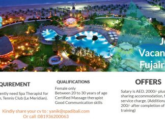 Lowongan / Job Vacancy Spa Therapist Middle East - Fujairah