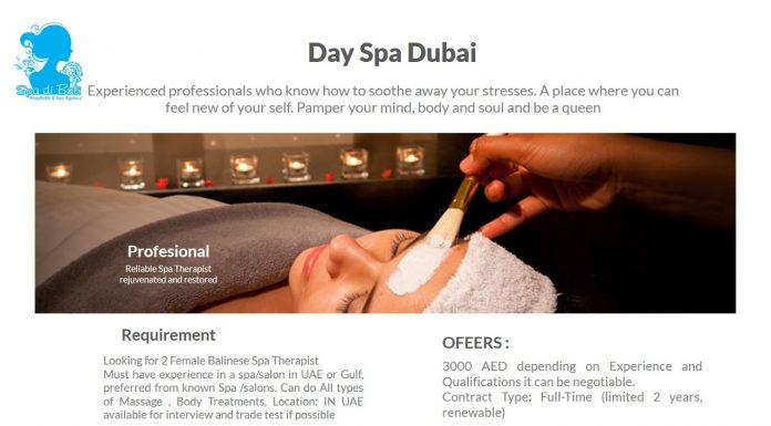 Spa Therapist Negara Middle East Dubai - Lowongan Spa Therapist Luar Negeri Terbaru