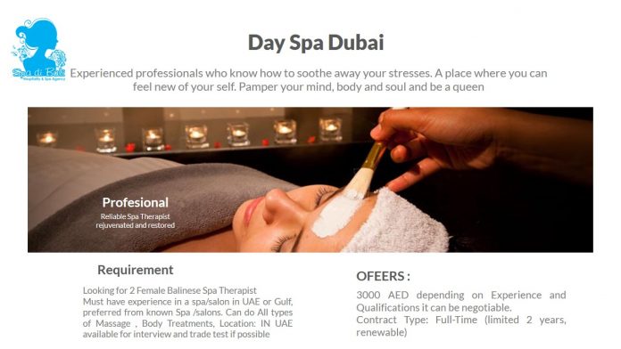 Spa Therapist Negara Middle East Dubai - Lowongan Spa Therapist Luar Negeri Terbaru